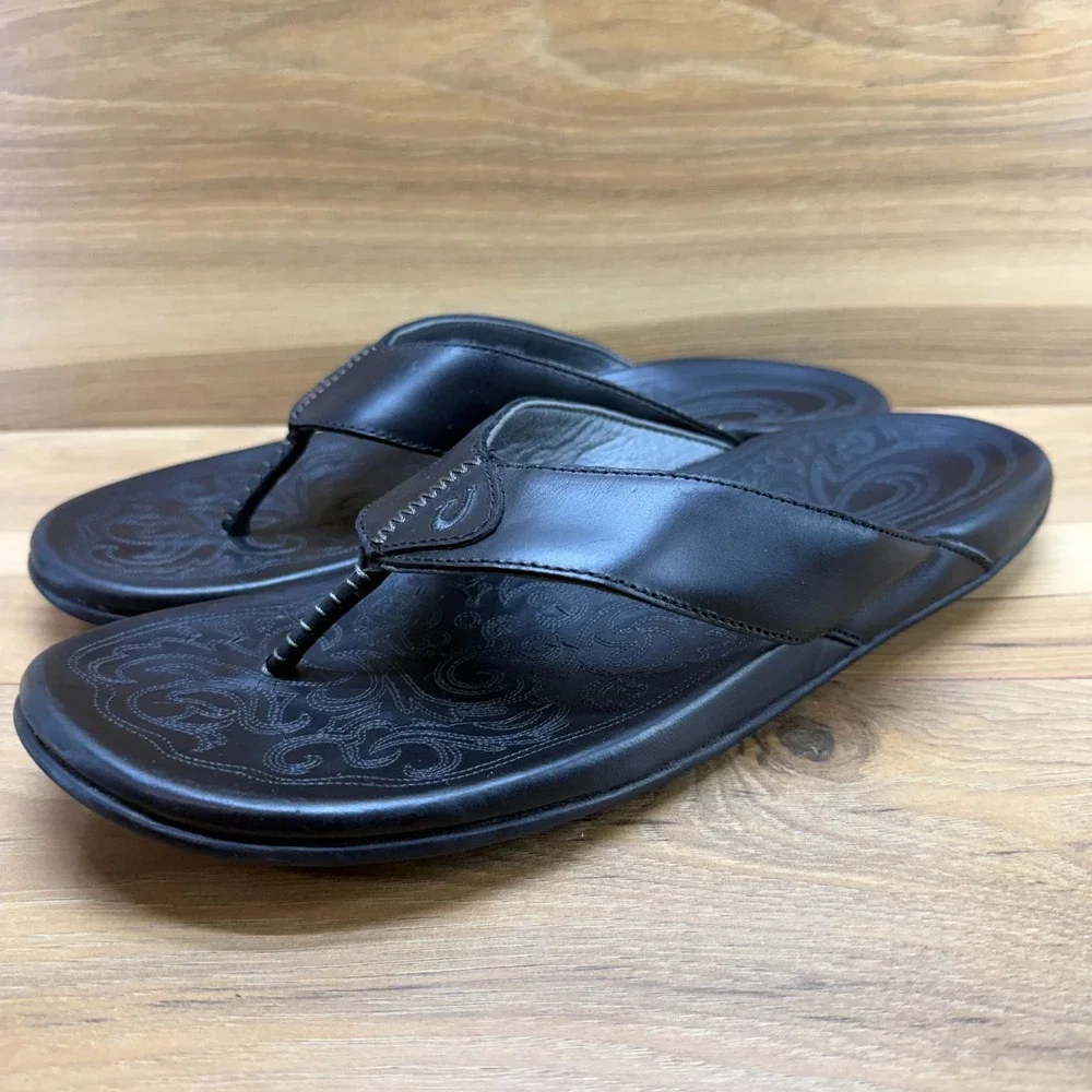 Olukai Mekila Black Leather Flip Flops Mens 14 Travel Everyday Pool Beach Resort